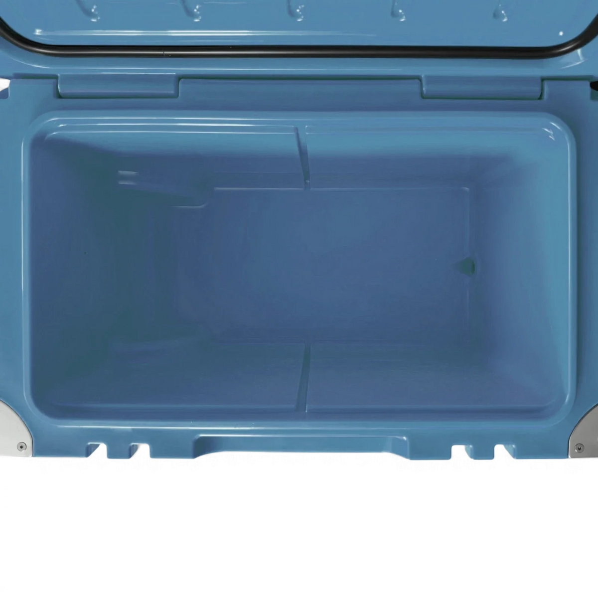 Empty interior of the Mountain Blue Orbie 55 cool box, showing the moulded basket rails and the drain outlet