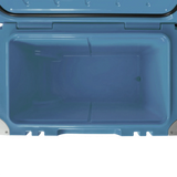 Empty interior of the Mountain Blue Orbie 55 cool box, showing the moulded basket rails and the drain outlet