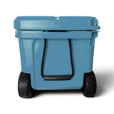 Wheel end of the Mountain Blue Orbie 55 cool box, two treaded wheels below a rope carry handle