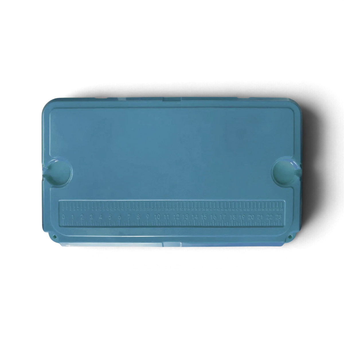 Top of the Mountain Blue Orbie 55 cool box, showing the moulded ruler and a cup holder at each end