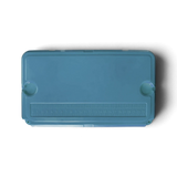 Top of the Mountain Blue Orbie 55 cool box, showing the moulded ruler and a cup holder at each end