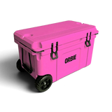 Orbie 55 wheeled cool box in pink closed at an angle, showing a lid cup holder and the treaded wheels