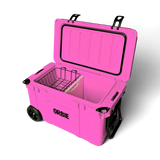 Orbie 55 cool box in pink open at an angle, showing the lid gasket, wire basket, divider and folded tow handle