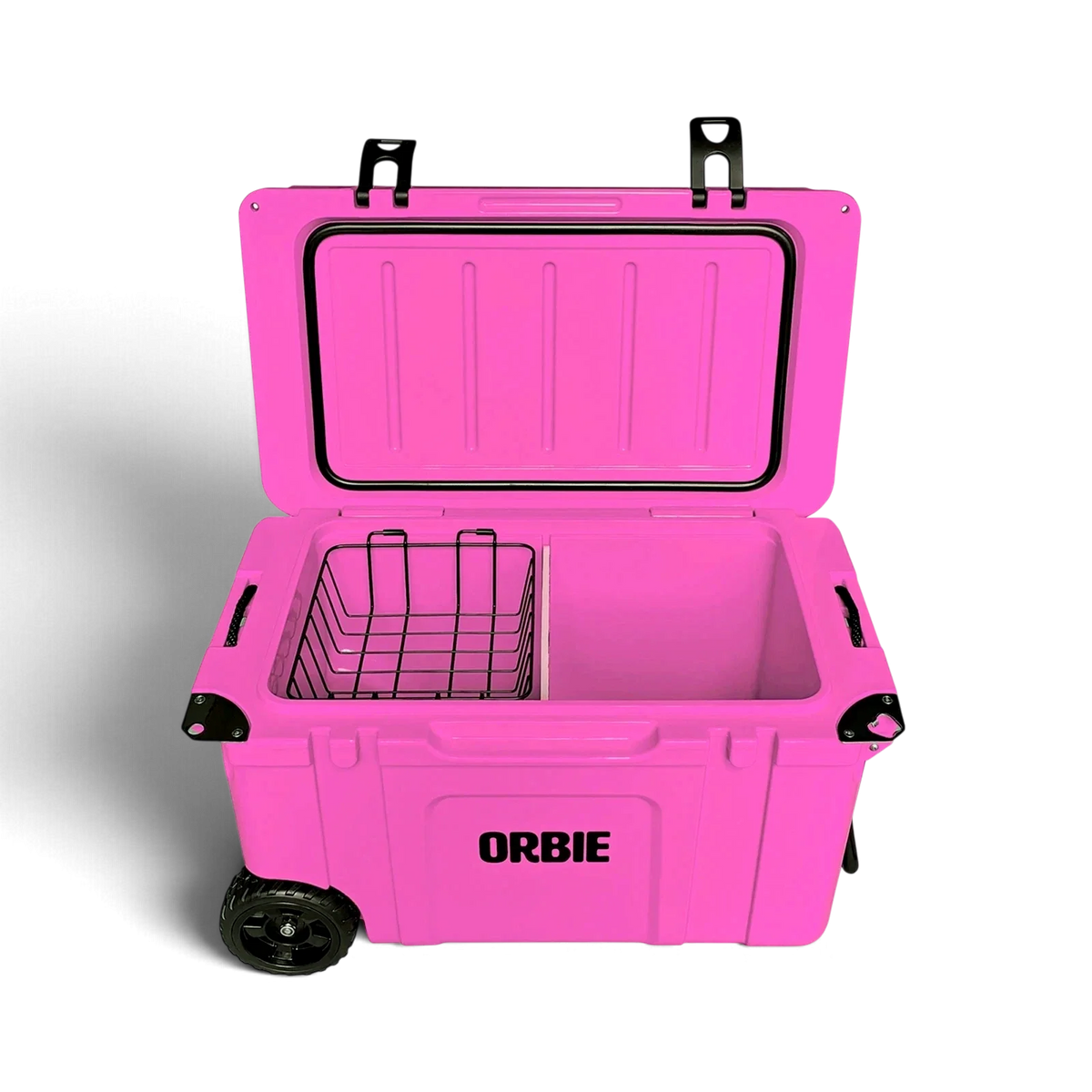 Orbie 55 cool box in pink open from the front, with the wire basket and white divider fitted