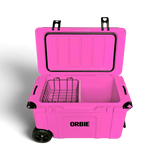 Orbie 55 cool box in pink open from the front, with the wire basket and white divider fitted