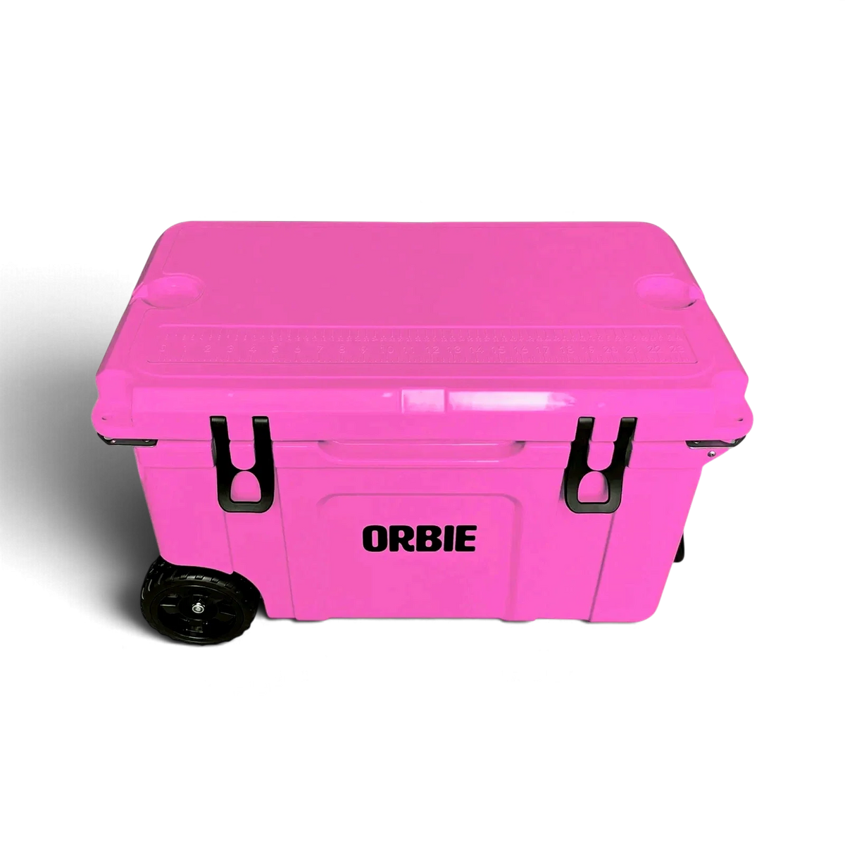 Orbie 55 cool box in pink from the front and above, with the moulded lid ruler visible