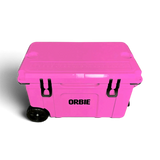 Orbie 55 cool box in pink from the front and above, with the moulded lid ruler visible