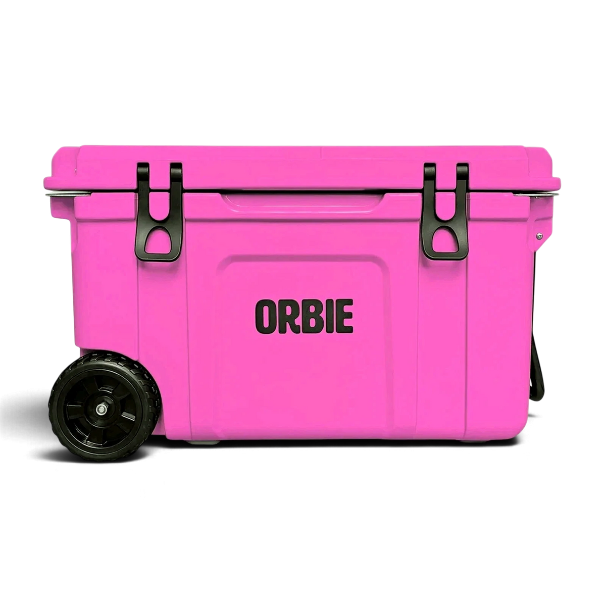 Orbie 55 wheeled cool box in pink, front view with both latches closed and the wheels at one end