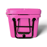 Handle end of the pink Orbie 55 cool box, with the folding steel tow handle, rope loop and drain plug