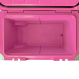 Empty interior of the pink Orbie 55 cool box, showing the moulded basket rails and the drain outlet