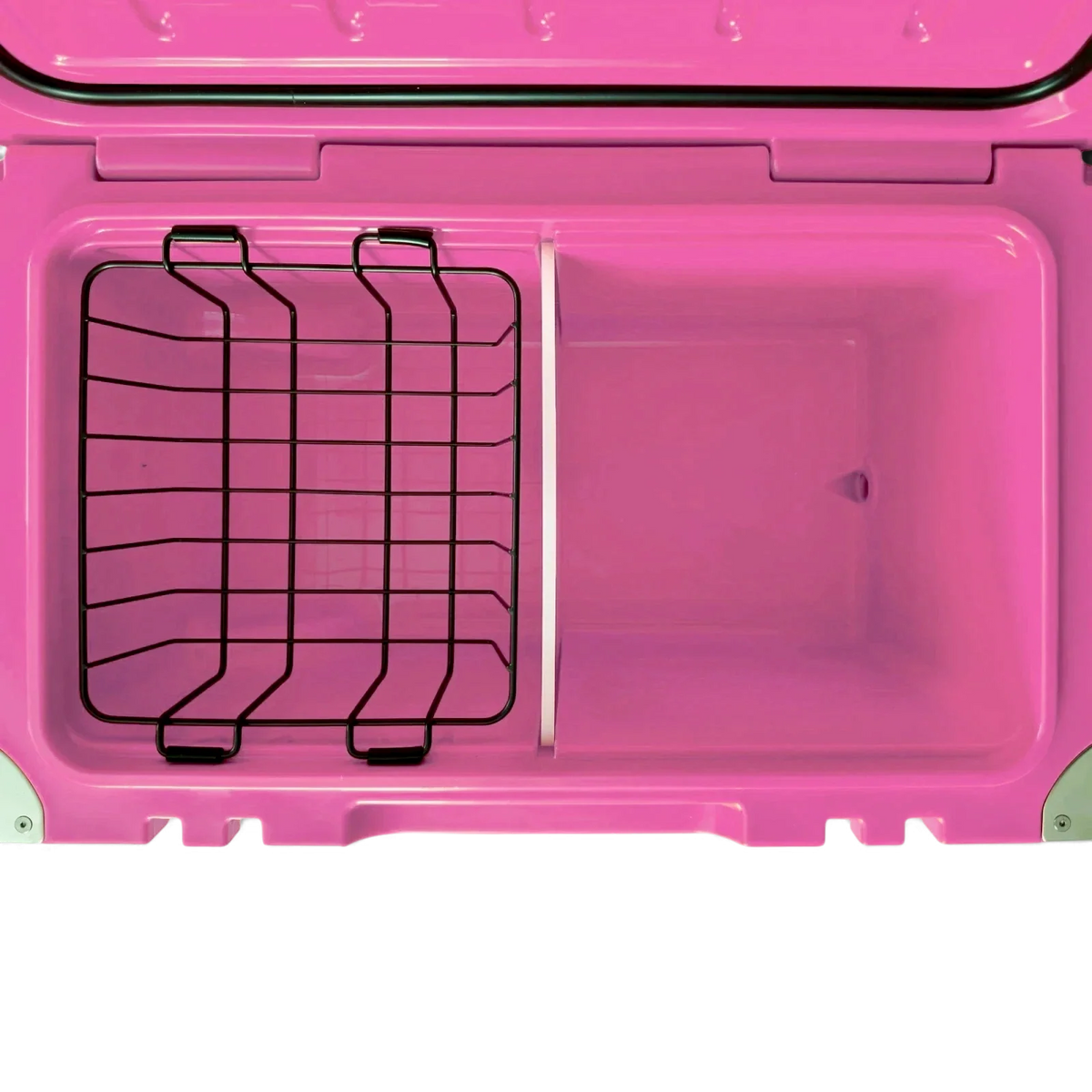 Inside the pink Orbie 55 cool box with the wire basket and white divider fitted