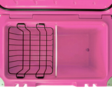 Inside the pink Orbie 55 cool box with the wire basket and white divider fitted