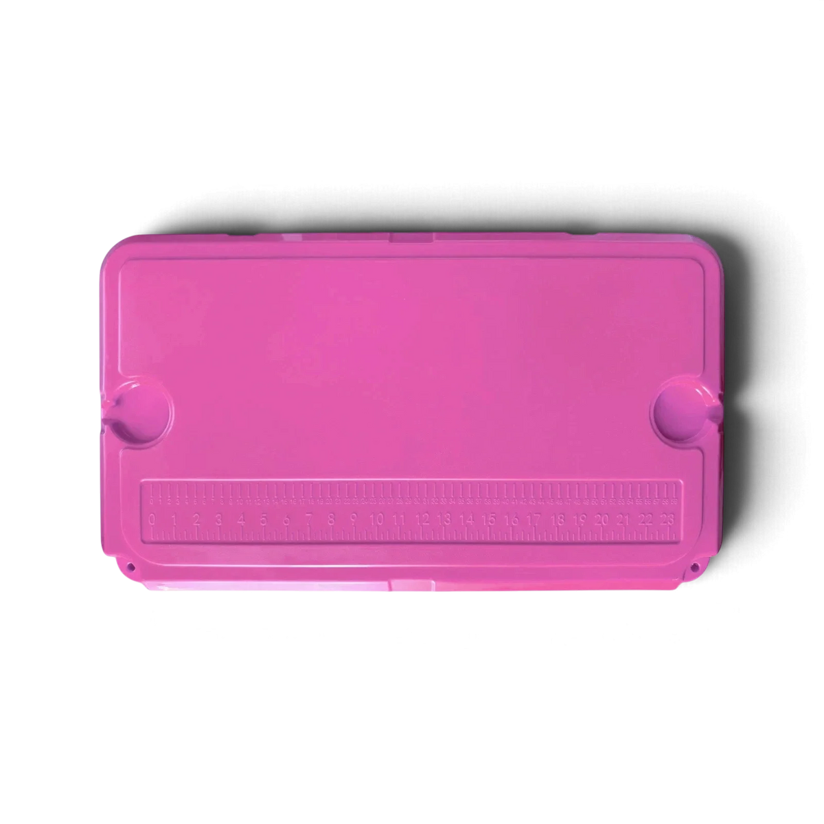 Top of the pink Orbie 55 cool box, showing the moulded ruler and a cup holder at each end