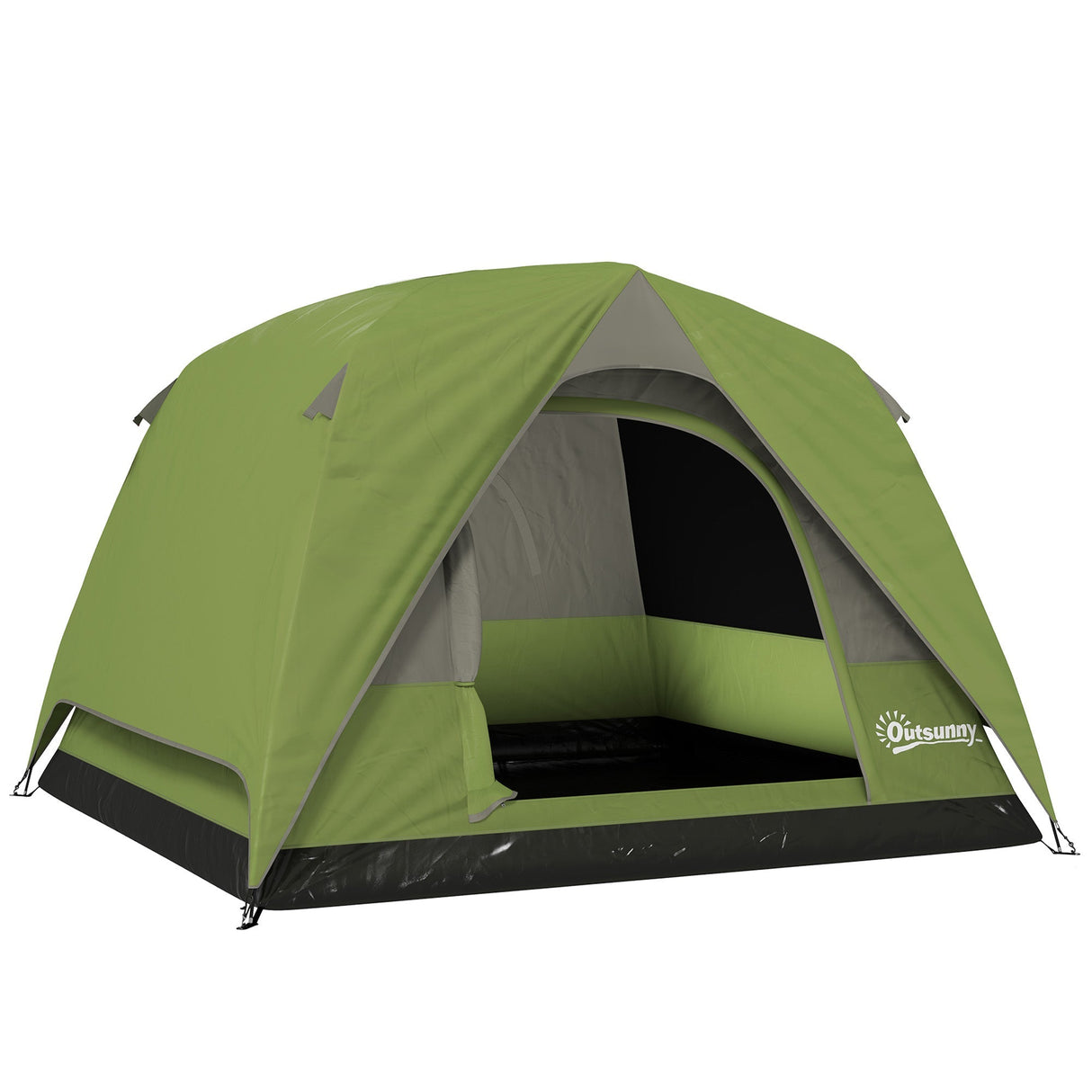 Outsunny 3-4 Person Camping Tent - Olive Green & Grey pitched front view