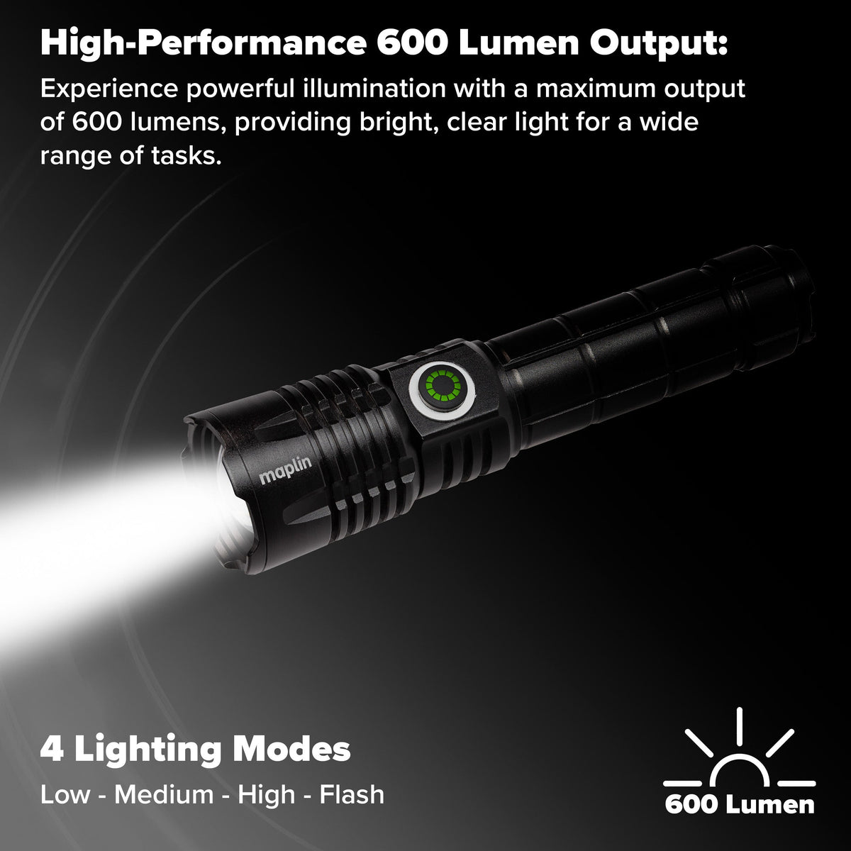 Maplin torch beam on a dark background with 600 lumen and four modes graphic