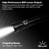 Maplin torch beam on a dark background with 600 lumen and four modes graphic