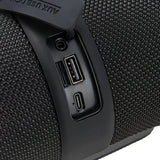 Close-up of the ports under the rubber flap on the Maplin party speaker