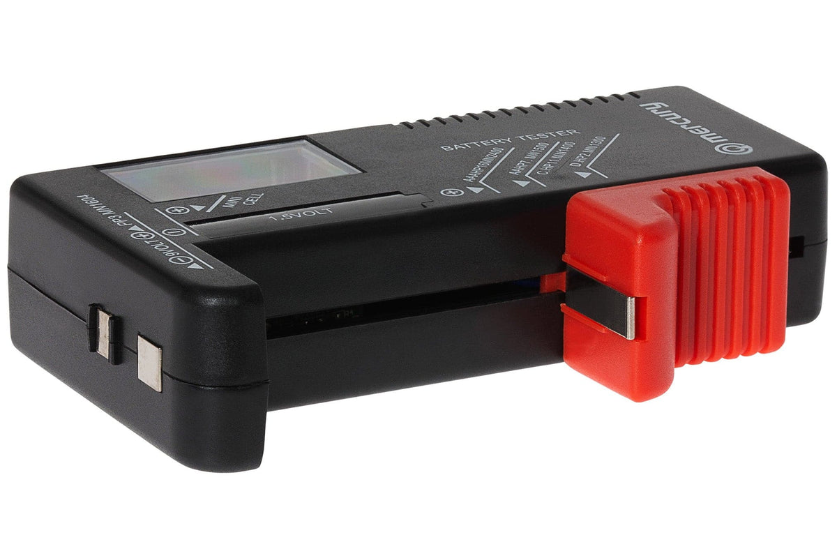 Mercury battery tester lying flat with the red slider at one end
