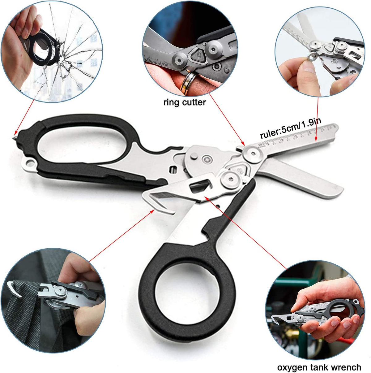 Folding Multi Shears diagram showing ring cutter, ruler, glass breaker and oxygen wrench