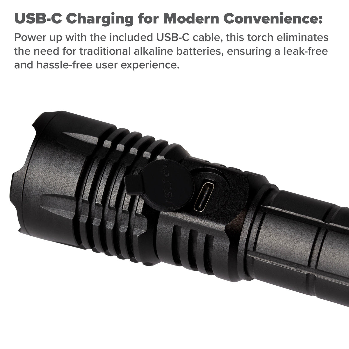 USB-C charging port under the rubber cover near the head of the Maplin torch