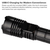 USB-C charging port under the rubber cover near the head of the Maplin torch