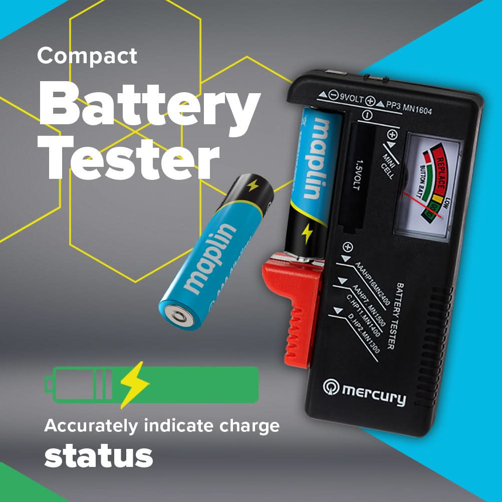 Mercury battery tester graphic with a Maplin AA battery being tested
