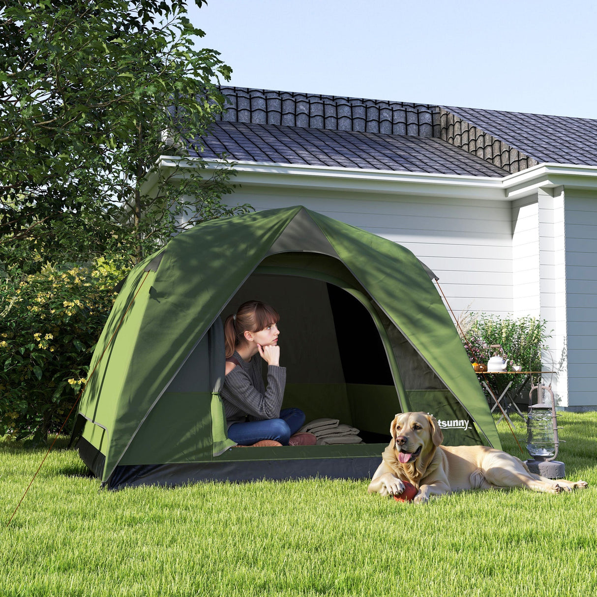 Outsunny 3-4 Person Camping Tent - Olive Green & Grey alternate front angle