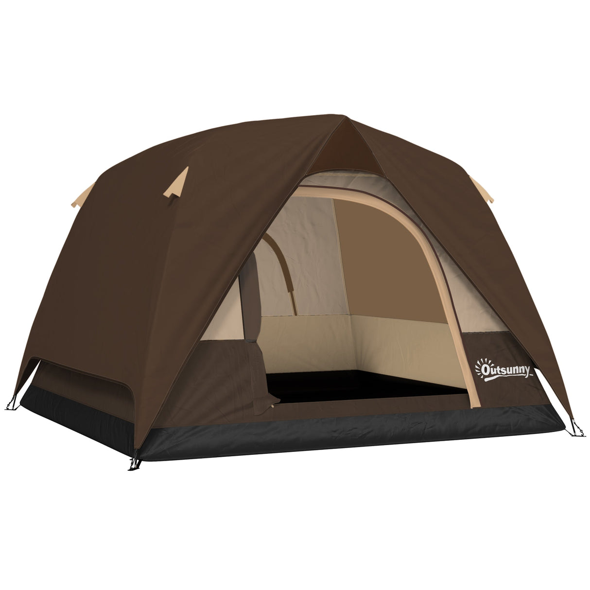 Outsunny 3-4 Person Camping Tent - Brown & Khaki pitched front view