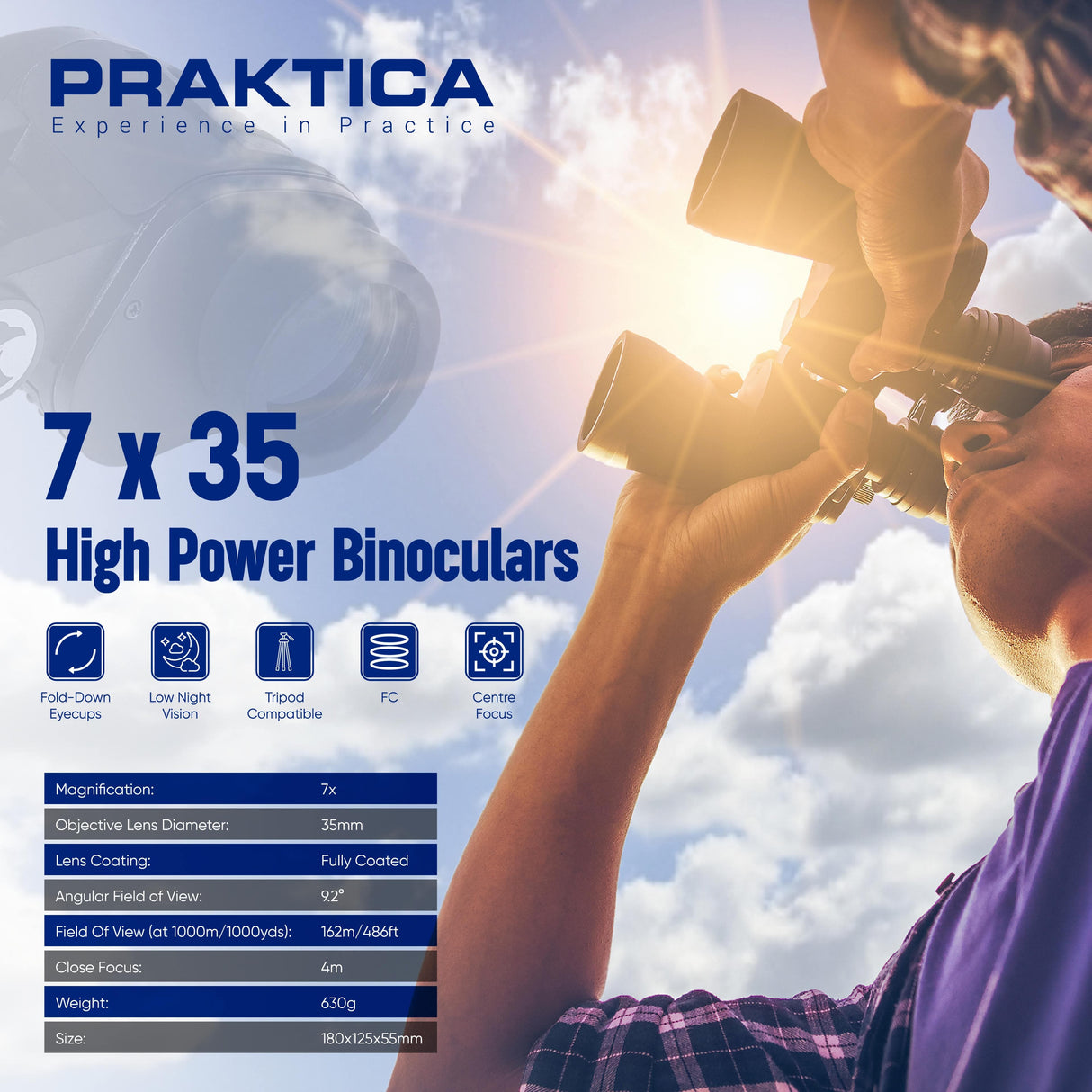 Praktica Falcon 7x35mm Wide Angle Porro Prism Field Binoculars high power binoculars with user holding them against a cloudy sky.
