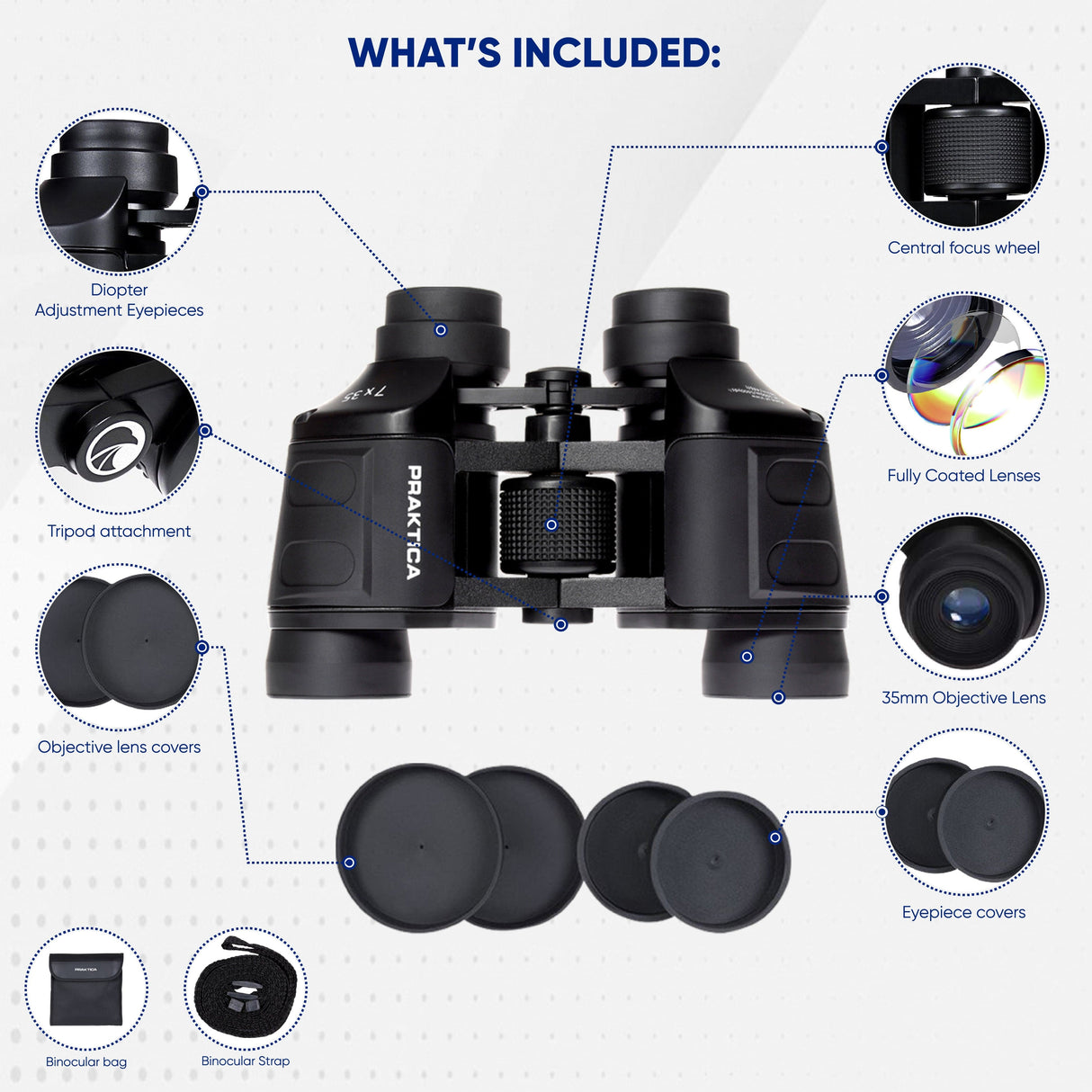 Praktica Falcon 7x35mm Wide Angle Porro Prism Field Binoculars with labeled features on a white background