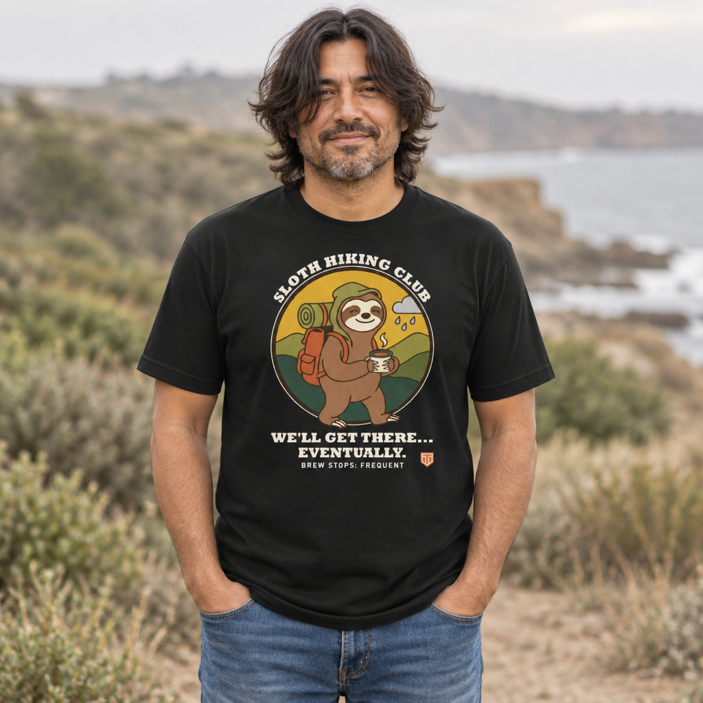 Man standing on a coastal hillside wearing the Sloth Hiking Club: Walking T-Shirt in Vintage Black