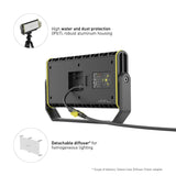 Rear of the Ledlenser AF12C Work with mains cable connected, IP67 rating, tripod mounting and detachable diffuser