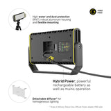 Rear of the Ledlenser AF12R Work on mains power, with IP67 rating, tripod mounting and detachable diffuser