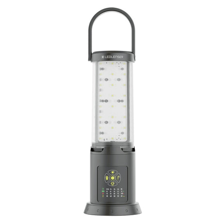 Ledlenser AL10R Work lantern standing upright with its carry handle raised and three LED panels in a clear tube