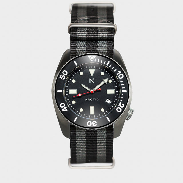 Rotate North Arctic 500m Dive Watch (43mm) in Classic NATO from the front on white background