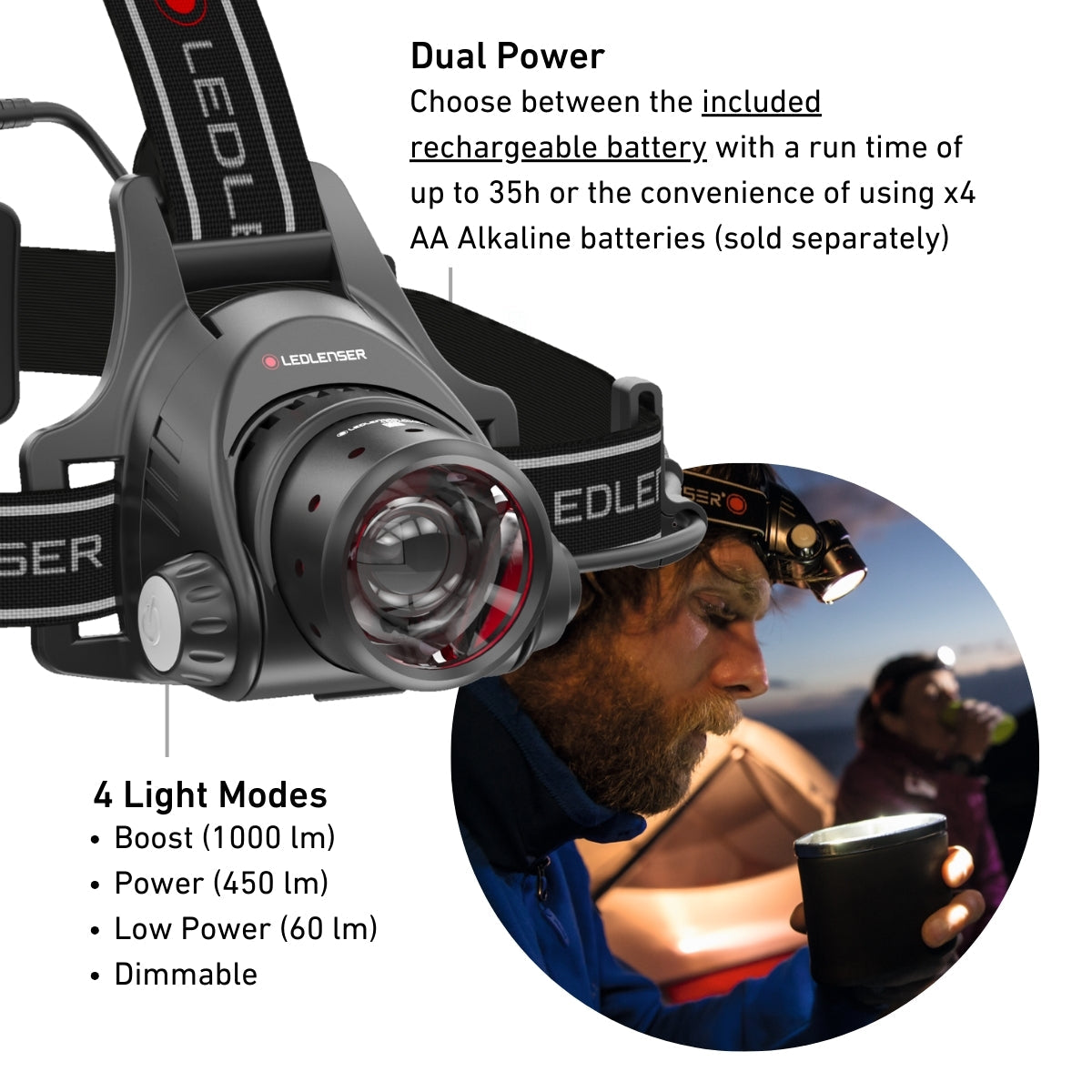 Ledlenser H14R.2 Dual Power and four light modes: rechargeable pack or 4 x AA batteries, Boost 1000 lumens