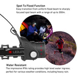 Side view of the Ledlenser H14R.2 lamp head with spot to flood focus up to 300m and front switch