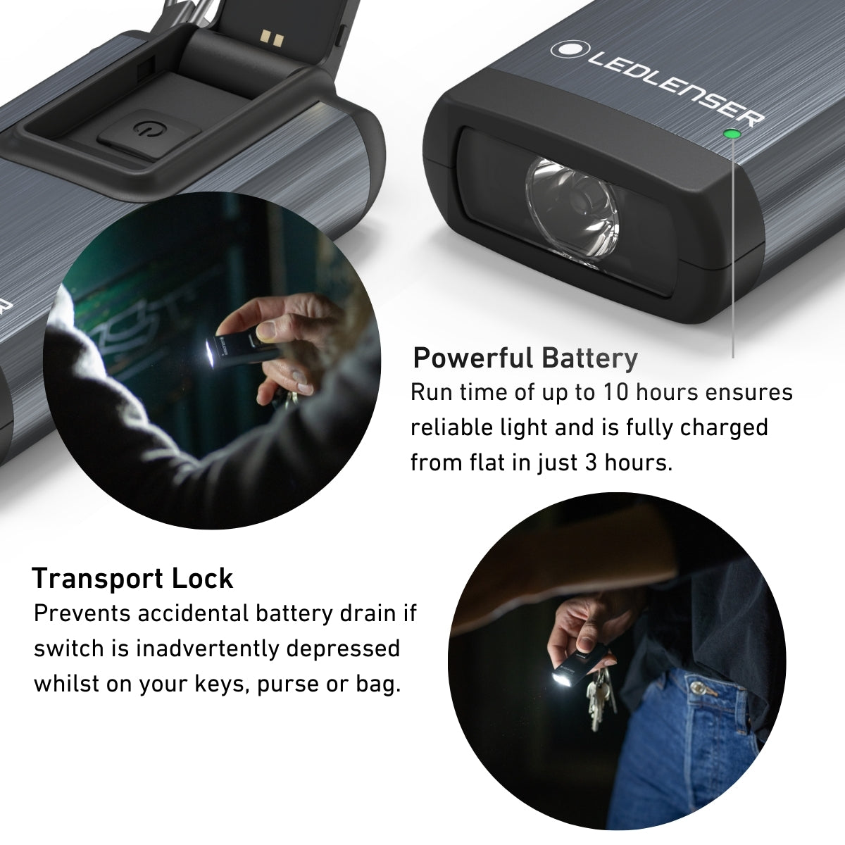 Ledlenser K6R Safety infographic showing the battery and Transport Lock