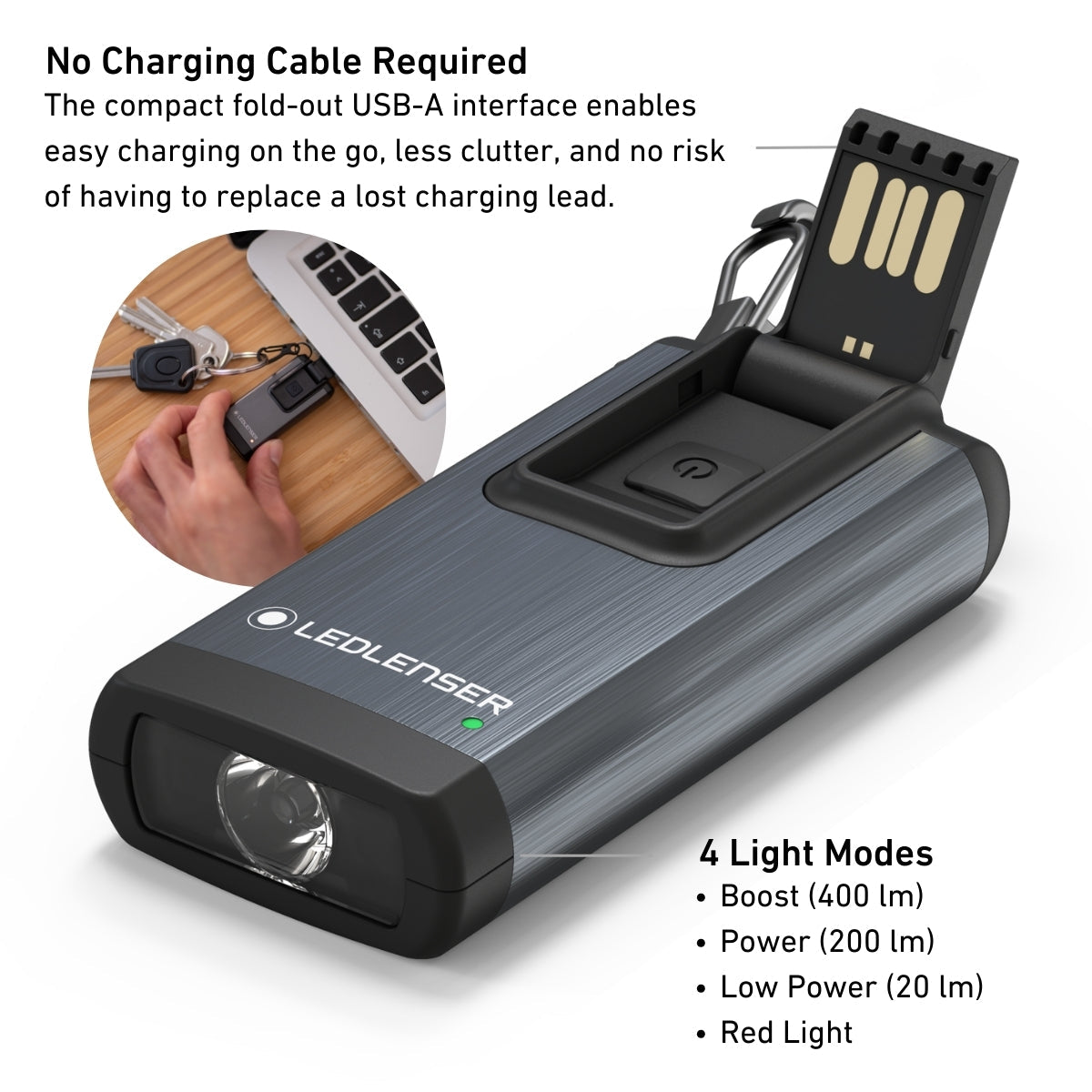 Ledlenser K6R Safety infographic showing cable-free charging and four light modes