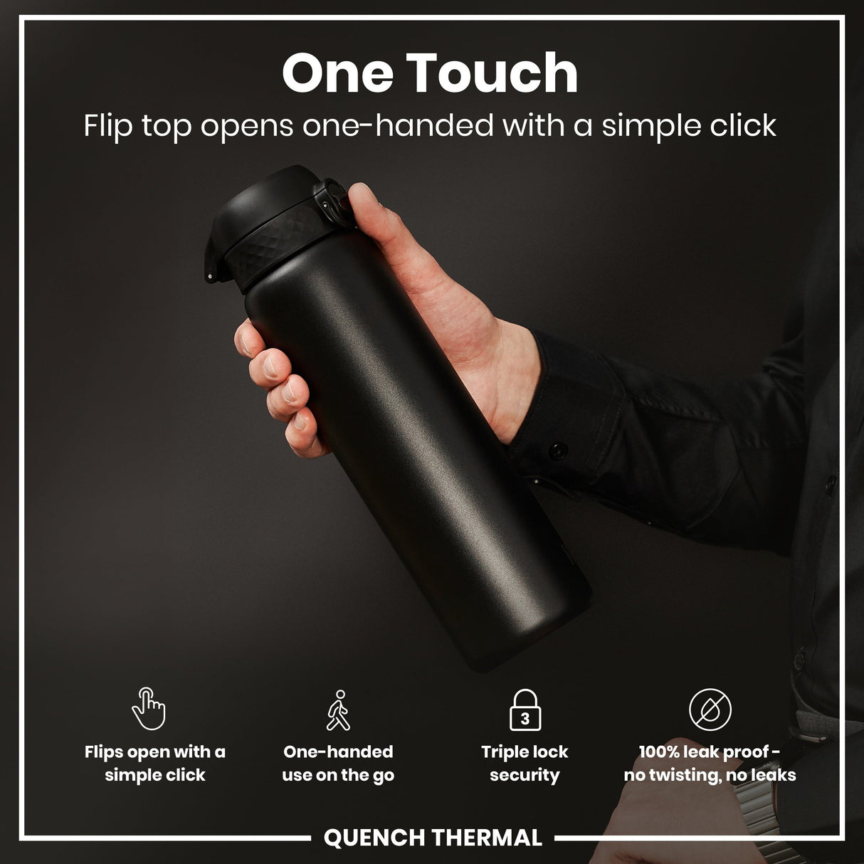 ION8 Leak Proof 1 Litre Thermal Water Bottle, Insulated Steel, Black, 1L