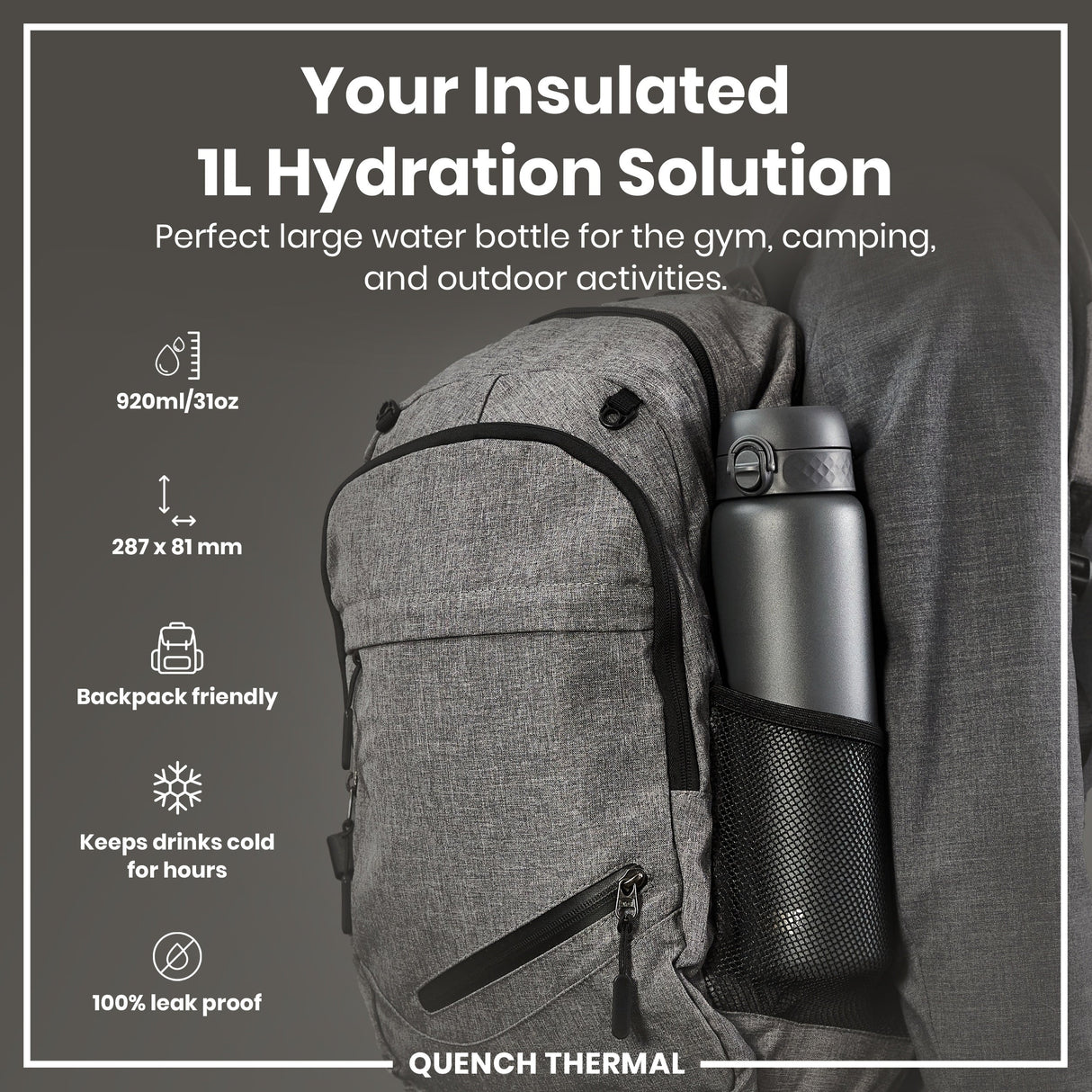 ION8 Leak Proof 1 Litre Thermal Water Bottle, Insulated Steel, Grey, 1L