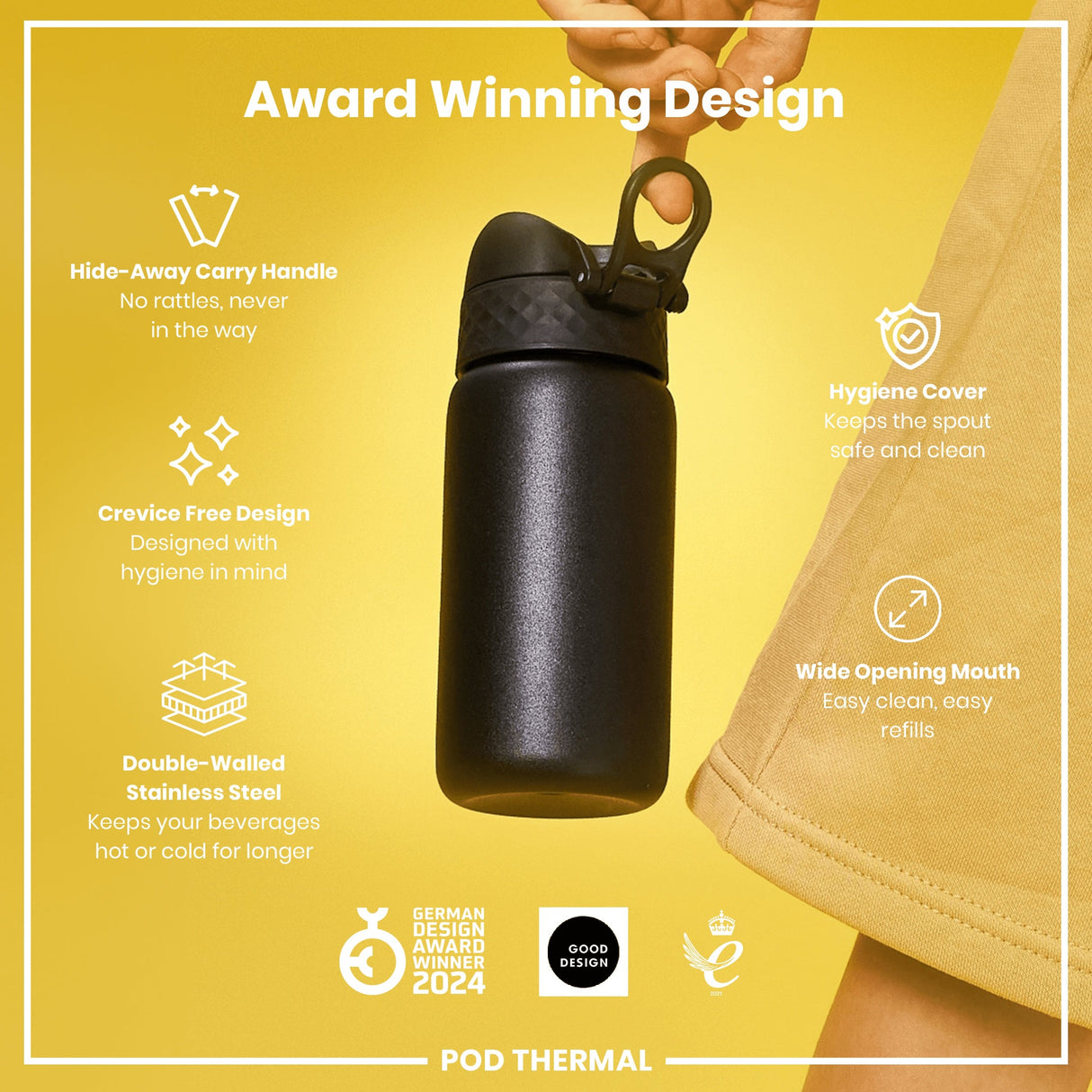 ION8 Leak Proof Thermal Water Bottle, Insulated Steel, Black, 320ml