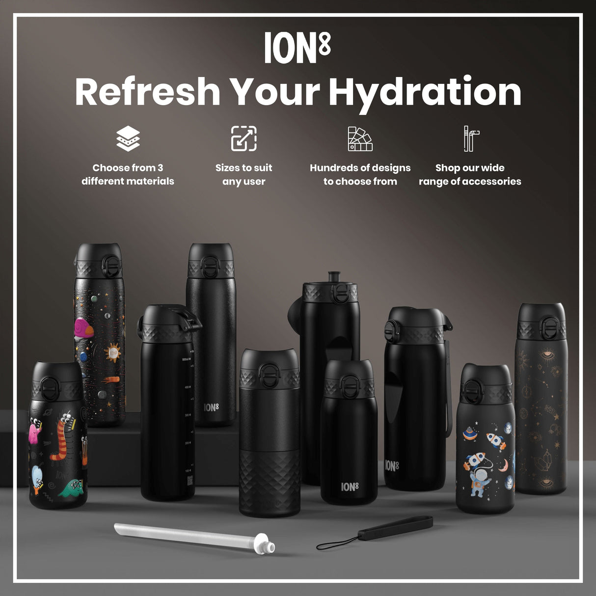 ION8 Leak Proof Thermal Water Bottle, Insulated Steel, Black, 320ml