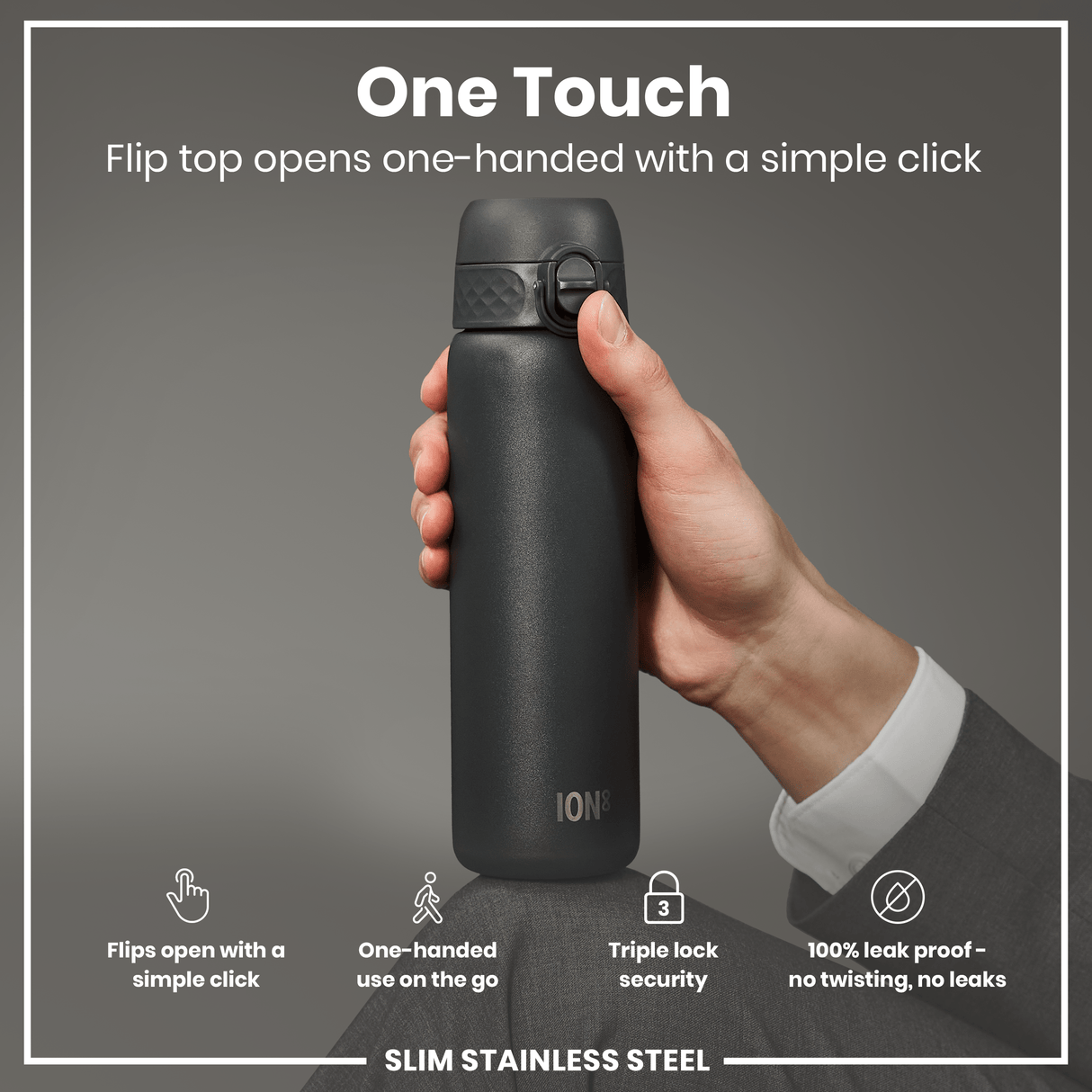 ION8 Steel Slim Leak Proof Water Bottle, Grey, 600ml