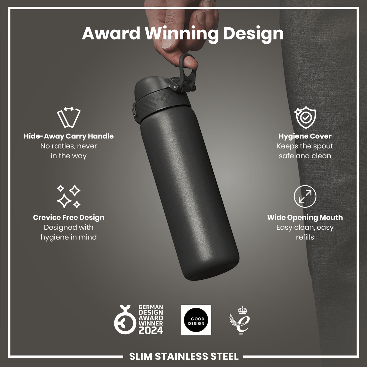 ION8 Steel Slim Leak Proof Water Bottle, Grey, 600ml