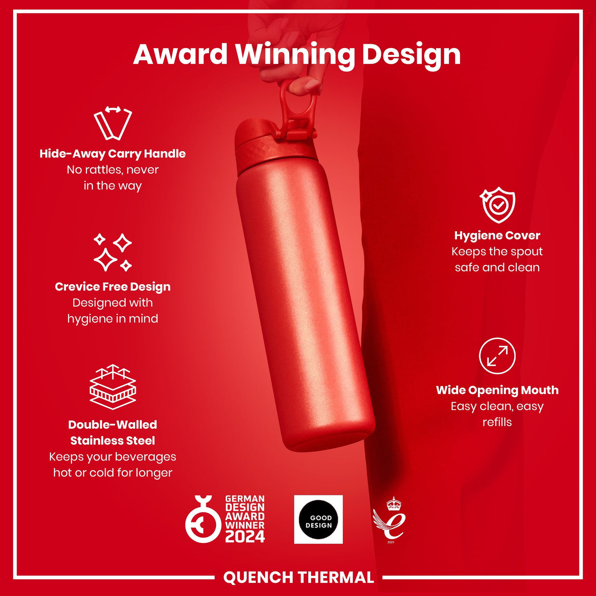 ION8 Leak Proof 1 Litre Thermal Water Bottle, Insulated Steel, Red, 1L