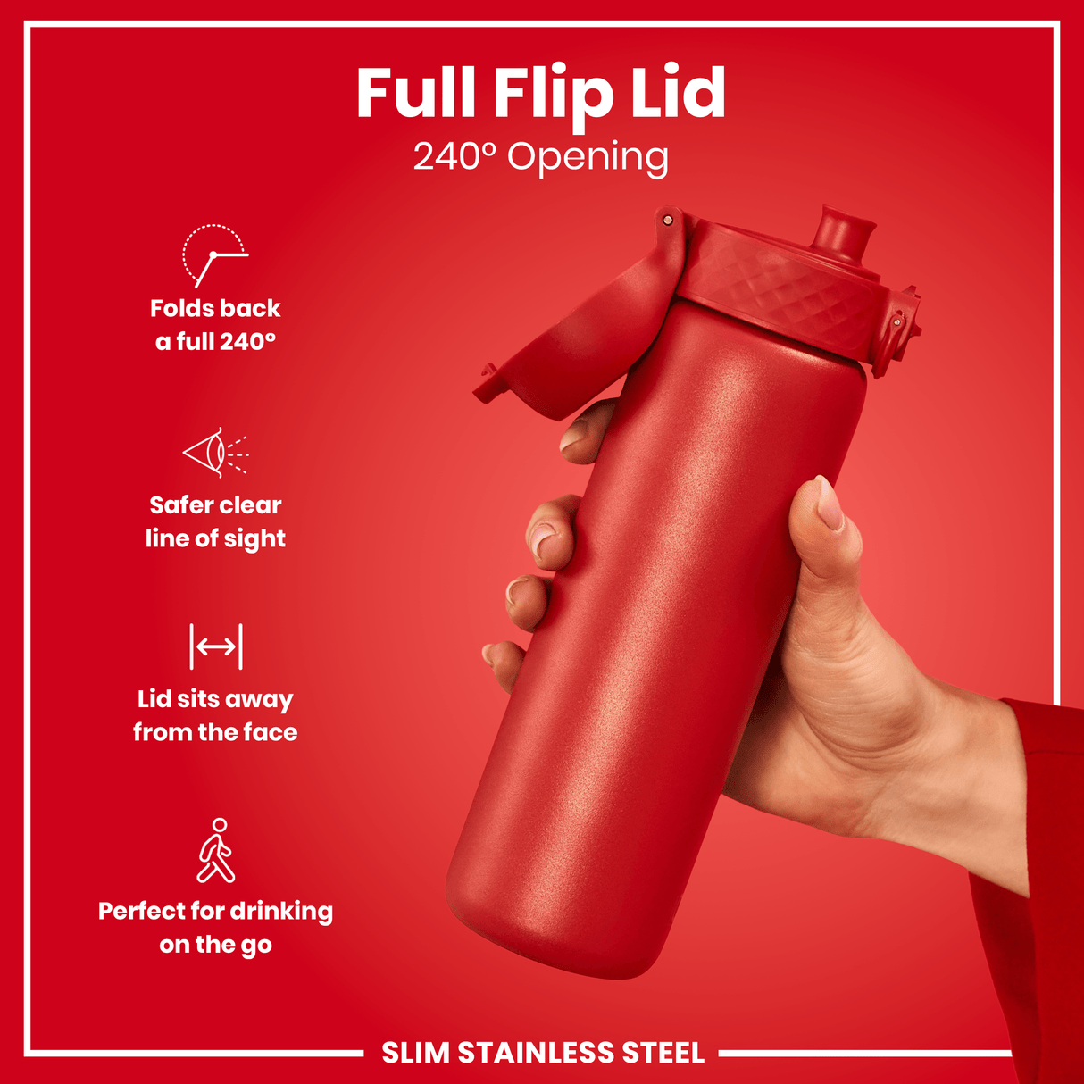 ION8 Steel Slim Leak Proof Water Bottle, Red, 600ml