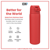 ION8 Steel Slim Leak Proof Water Bottle, Red, 600ml