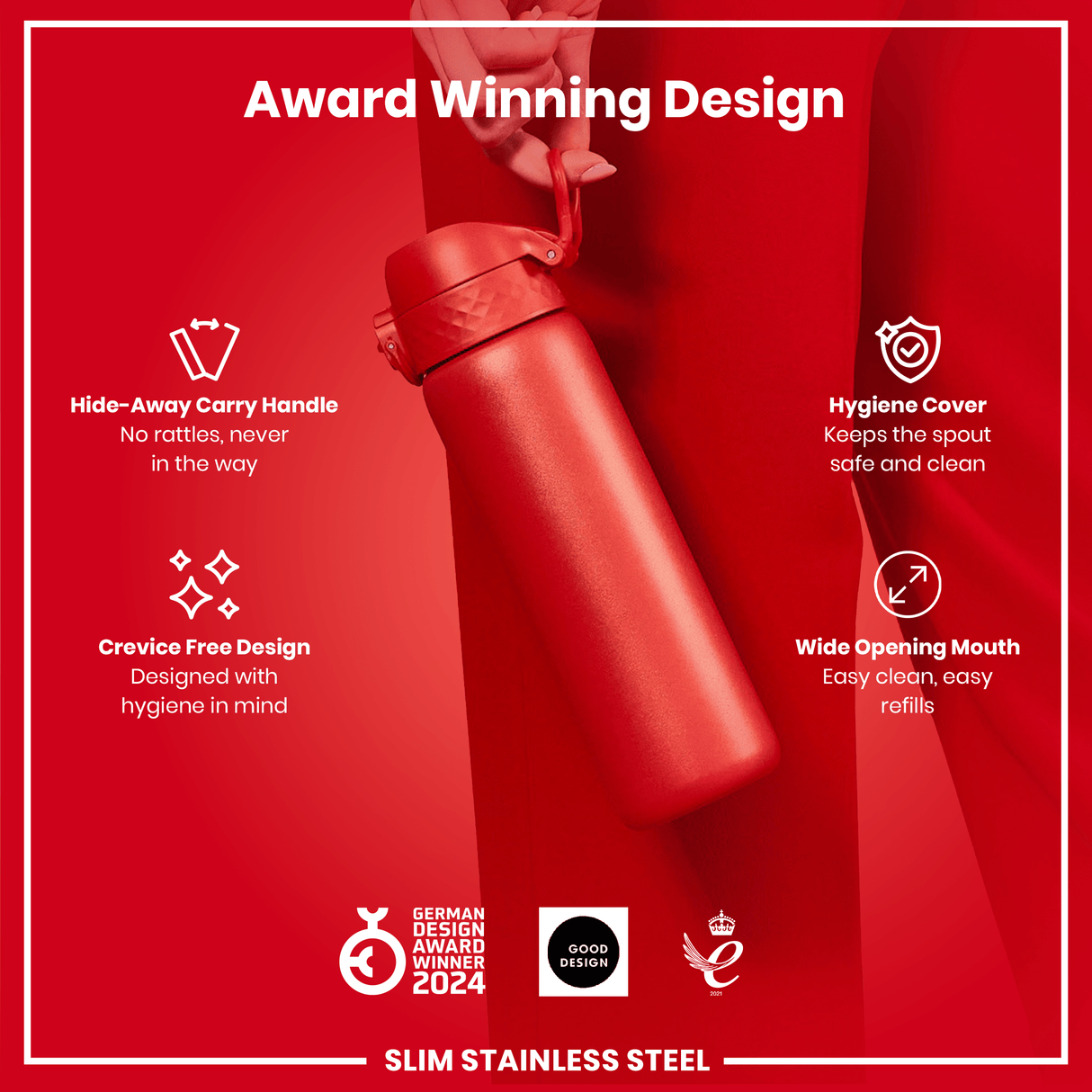 ION8 Steel Slim Leak Proof Water Bottle, Red, 600ml
