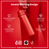ION8 Steel Slim Leak Proof Water Bottle, Red, 600ml
